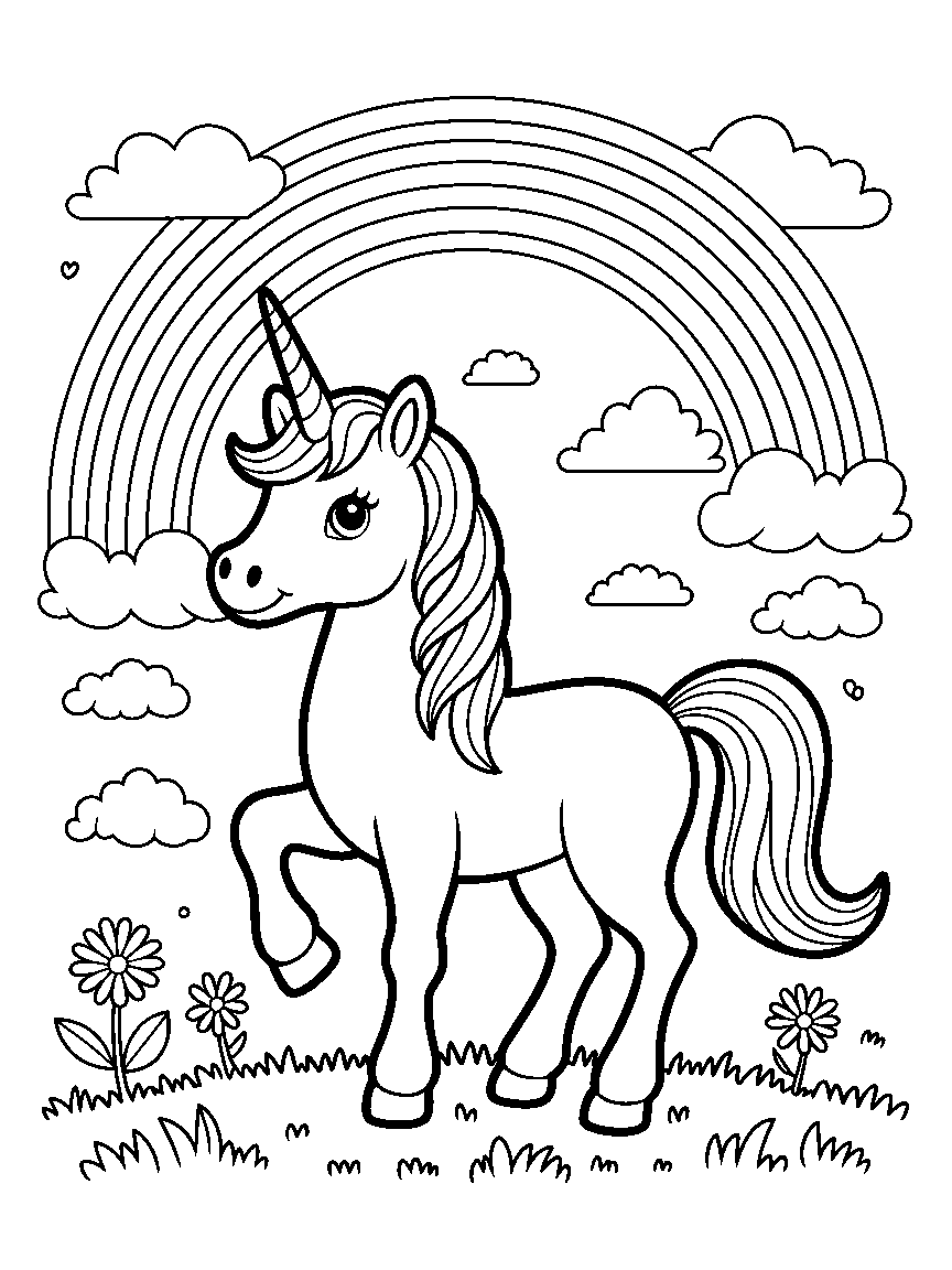A unicorn under a big rainbow - a free printable unicorns coloring page