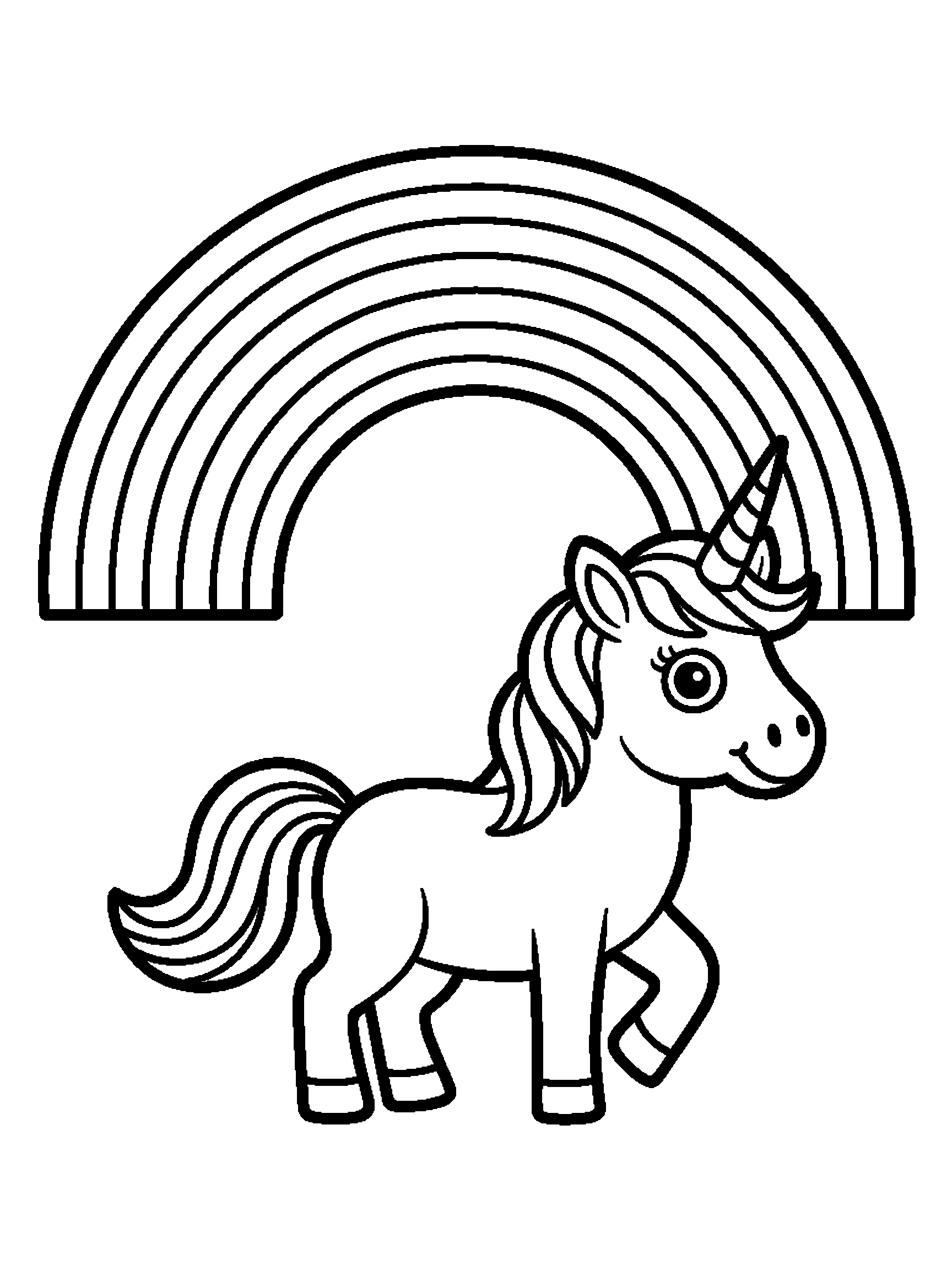 One big rainbow with a small unicorn - a free printable unicorns coloring page