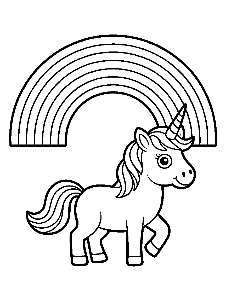 One big rainbow with a small unicorn - a free printable unicorns coloring page