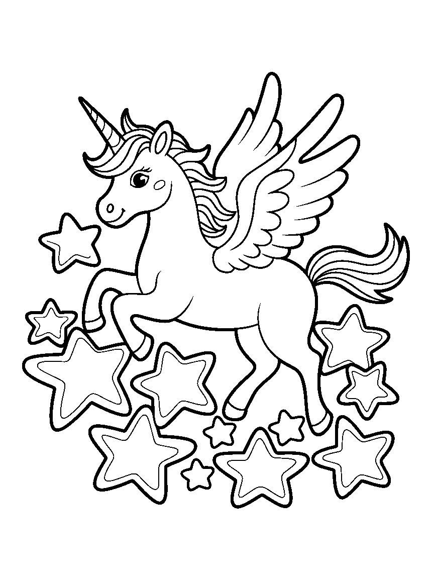 A winged unicorn among big stars - a free printable unicorns coloring page