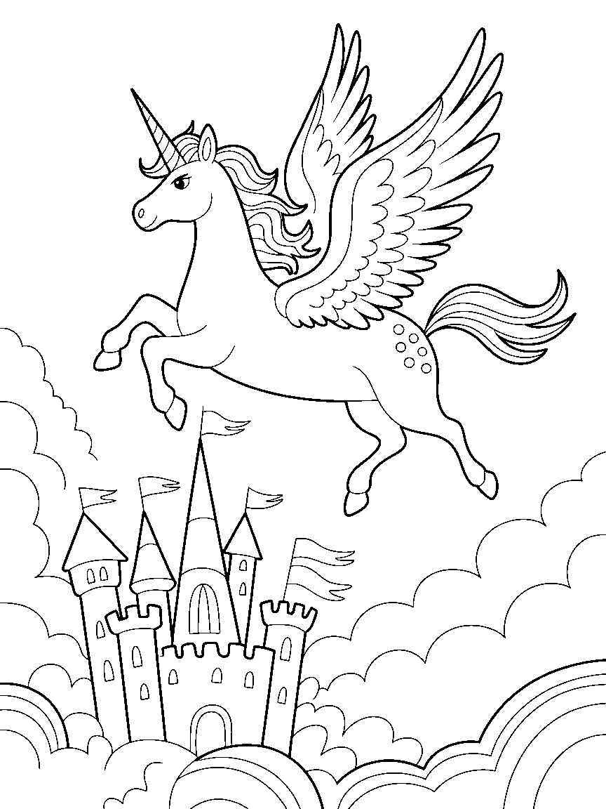 A winged unicorn flying over a castle - a free printable unicorns coloring page